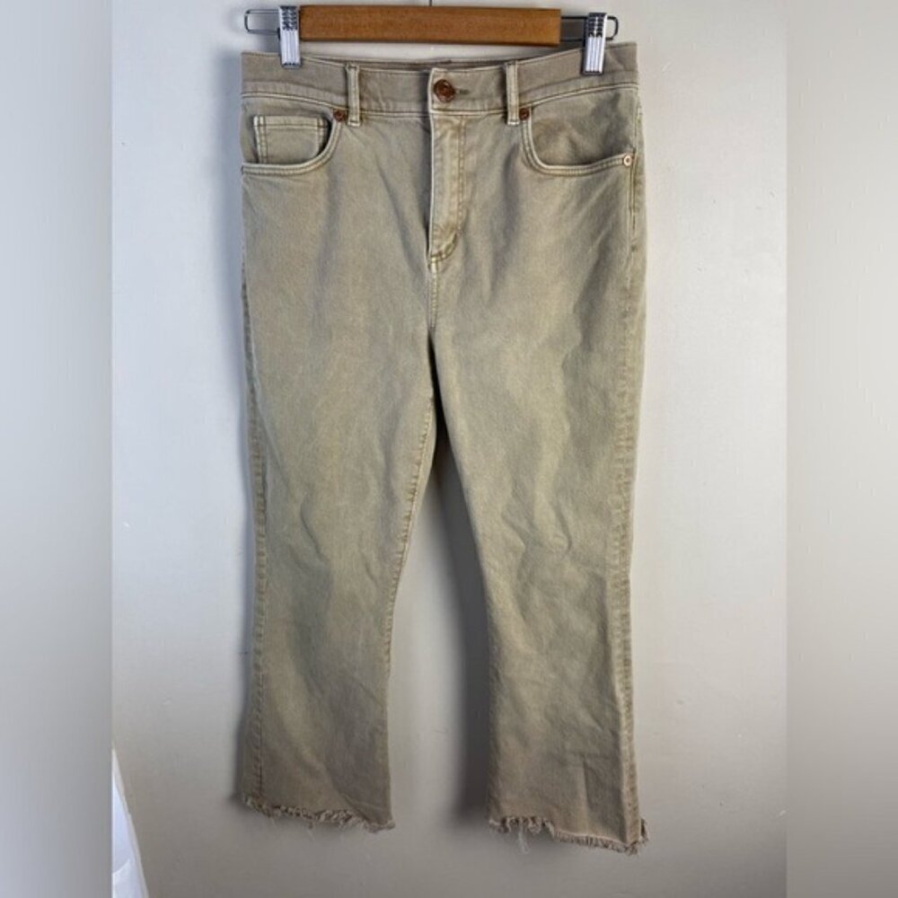 Loft high waist flare crop jeans moss green ankle raw hem size 27 stretch